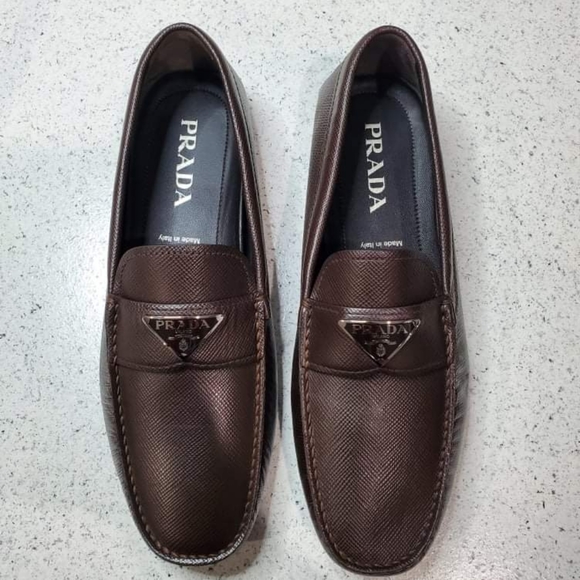 Prada Men's Brown Saffiano Driving Loafers Size 10